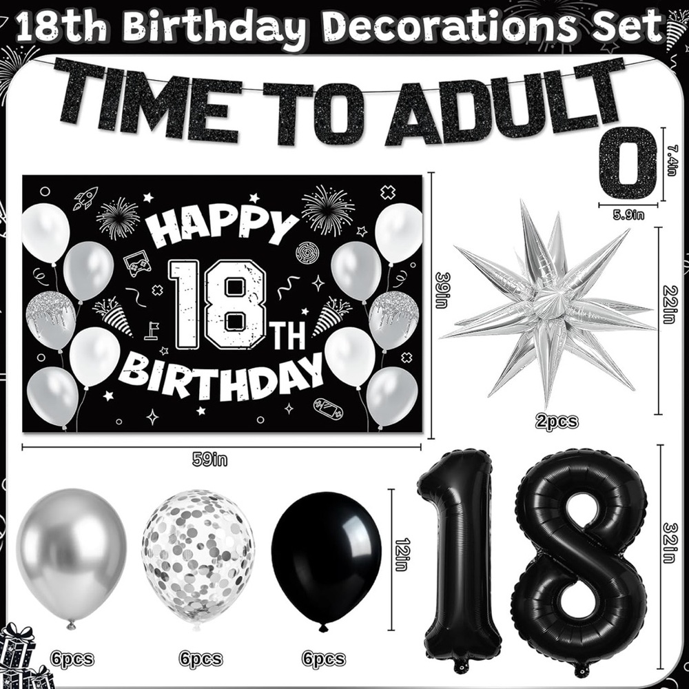 18th Bday Decorations. Time To Adult. Banners, Cake Toppers, Balloon, Streamers, - Picture 5 of 7
